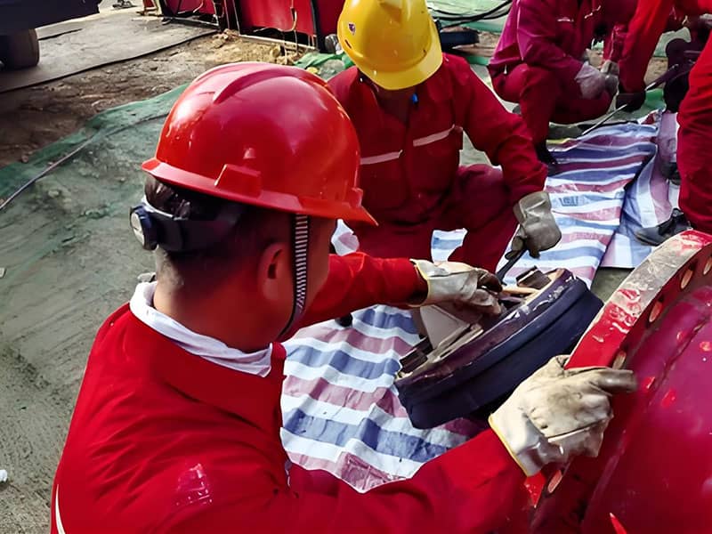 Certified technician bolting a specialized hot tapping machine onto the live natural gas pipeline during the Xiongan project.