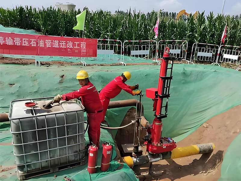 Our technician operating a hot tapping machine drilling into the 6.3MPa live crude oil pipeline, the core of our zero-shutdown solution.