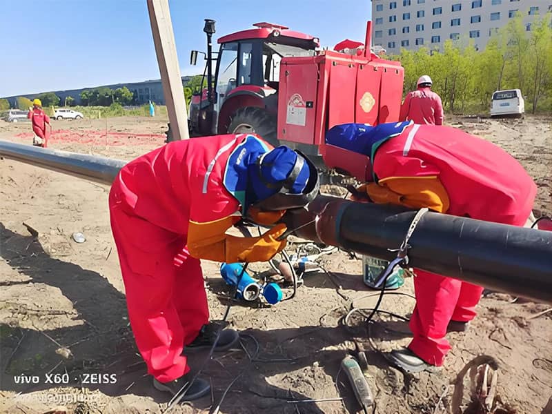Two pipeline technicians performing final fit-up and bevel cleaning to ensure a perfect gap and alignment before the root weld, highlighting our focus on quality from the first step.