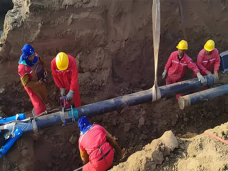 A crane, operated by certified personnel, carefully lowers a section of the coated steel pipeline into the trench, a critical phase in safe pipeline construction.