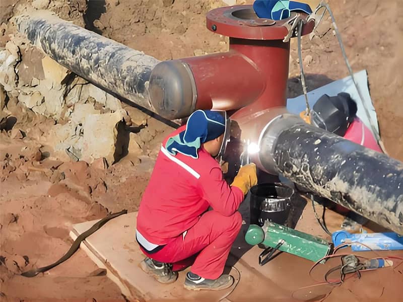 Installation and anti-corrosion treatment of pipeline components, showcasing the application of reinforced 3PE coating.