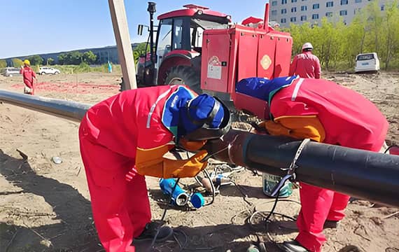 A certified welder executing a high-integrity weld on the 1.6 MPa natural gas pipeline, showcasing our pipeline engineering services expertise.