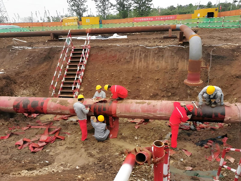 Workers handling old pipeline during oil pipeline decommissioning for abandoned pipeline disposal