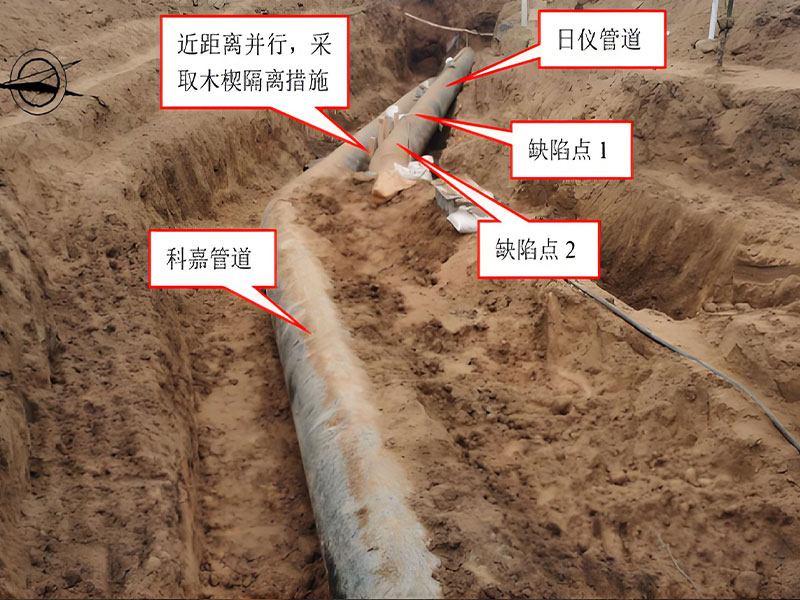 On-site trench view of Riyi crude oil pipeline: Marked circumferential weld defect points (1&2) and closely parallel Kejia pipeline with wooden wedge isolation measures (Rizhao, 2024).