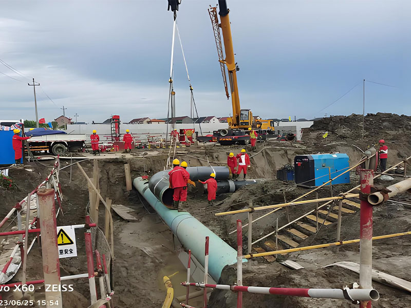Crane lifting crude oil pipe for pipeline relocation construction in integrity maintenance project