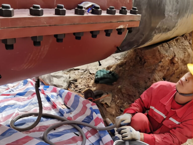 A worker in a red safety uniform performs pipeline rehabilitation on an underground pipeline, using a bolted repair clamp to restore structural integrity.