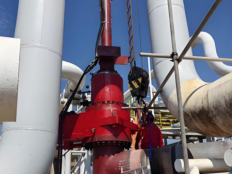 Hot Tapping Equipment Installation for Pipeline Modification in EPC Project Red hot tapping equipment (with four-way fitting) being installed on industrial pipeline during EPC pipeline modification project, with workers and lifting gear on site