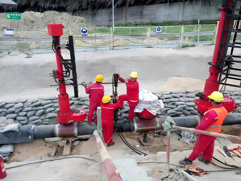 Hot Tapping and Plugging Operation on DN400 Natural Gas Pipeline for Highway Expansion Relocation Workers performing hot tapping and plugging on L415 DN400 high-pressure natural gas pipeline during the pipeline relocation project for highway expansion (Fuzhou, 2023)