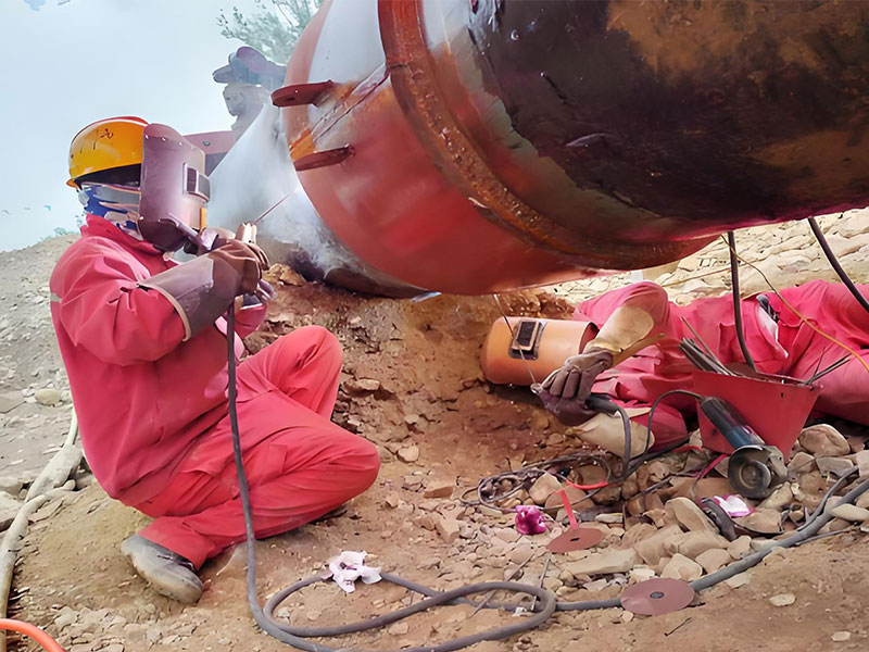 Crane assisting hot tapping setup for live line pipeline repair (Shenmu-Anping coalbed methane pipeline project).