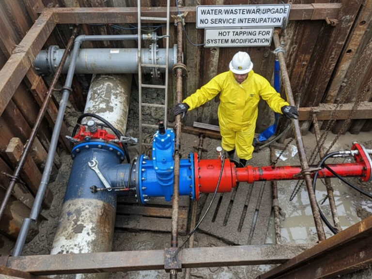 A utility worker in yellow protective gear performing hot tapping on a water and wastewater pipe system inside a shored excavation trench for a system upgrade.