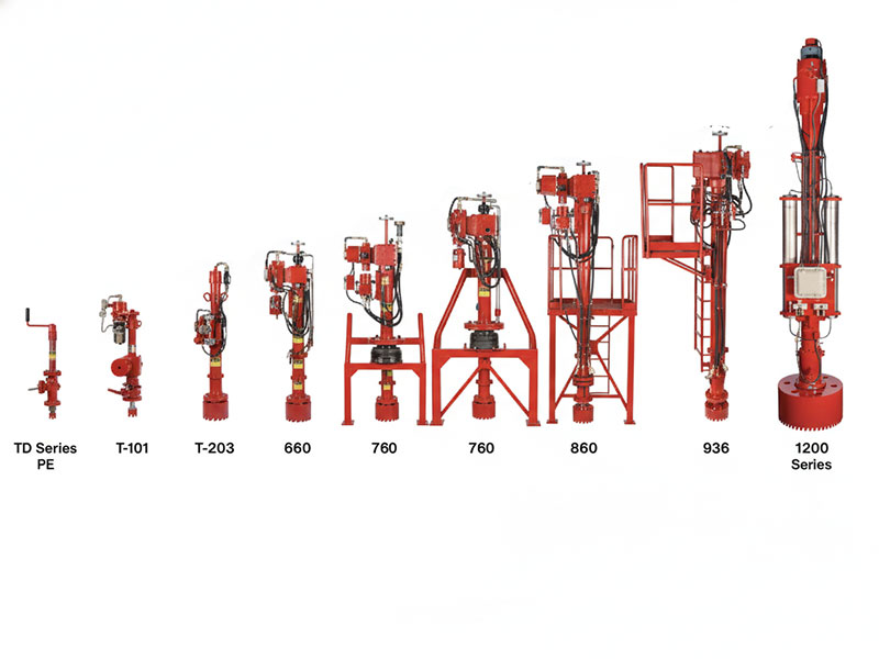 A product lineup of industrial hot tapping and drilling machines, ranging from the TD Series PE to the 1200 Series, including key specifications like pressure ratings, temperature ranges, and cutting diameters.