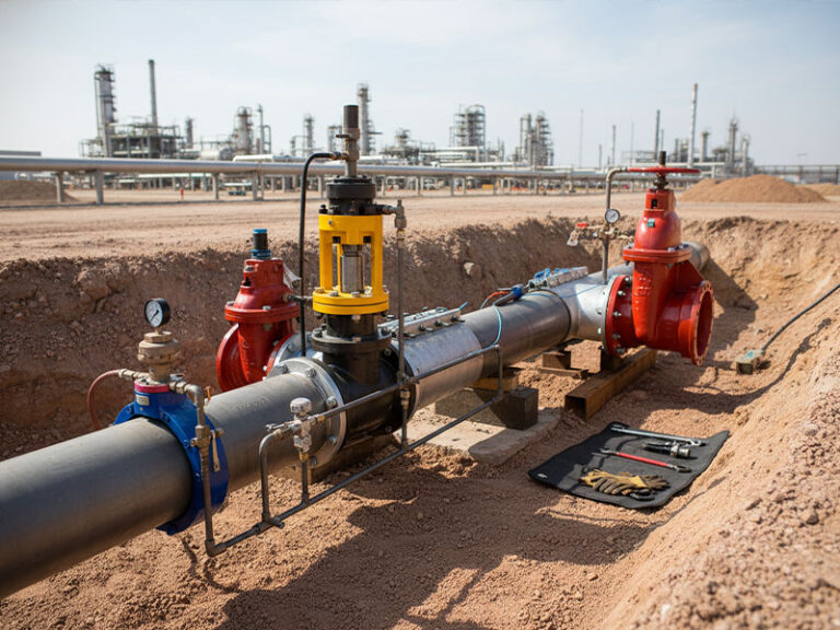 A high-angle shot of a large industrial oil and gas pipeline with red and yellow control valves installed in a dirt trench, with an oil refinery facility in the background.