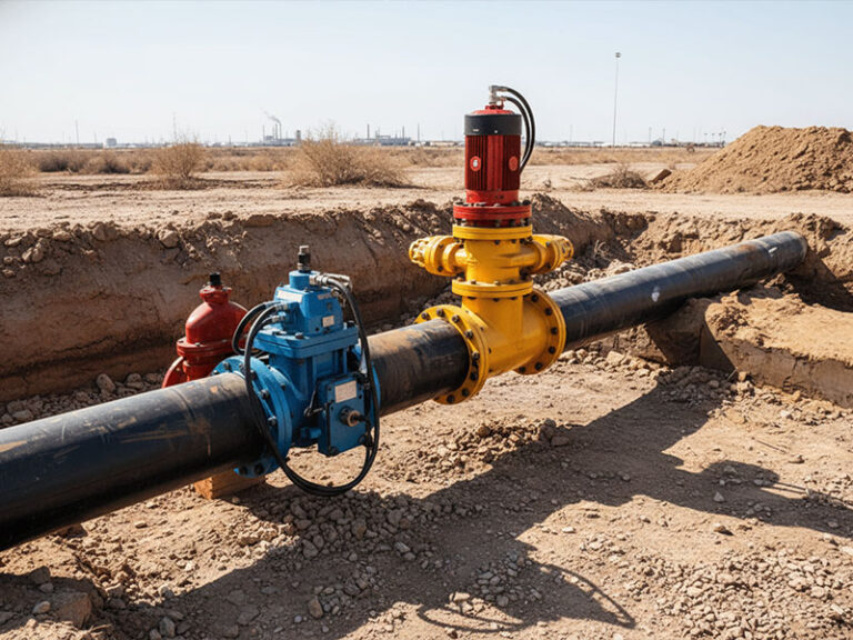 A large industrial pipeline with a blue gate valve and a yellow control valve installed at an outdoor construction site in a desert environment.