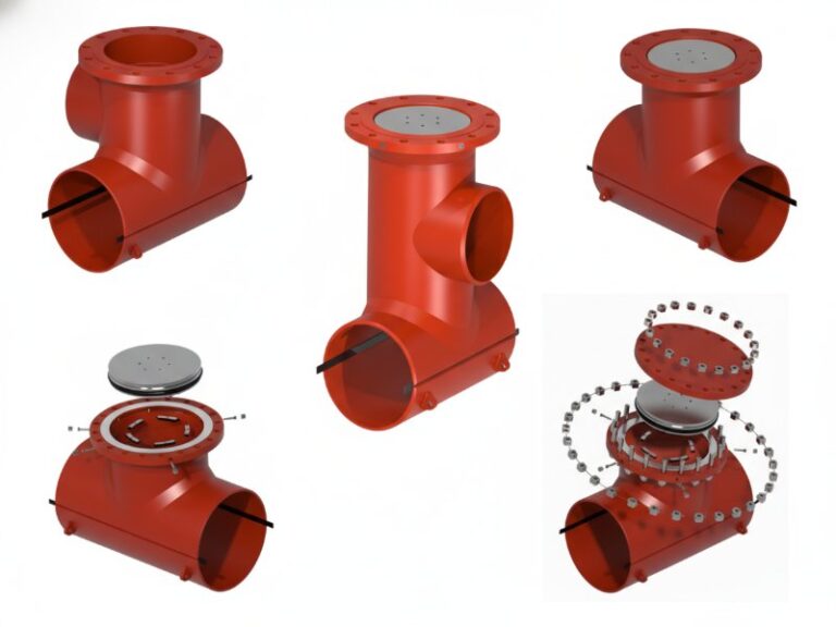 A collection of 3D renders showing a red industrial split tee fitting for pipeline hot tapping, including a detailed exploded view of the flanged assembly and internal components.