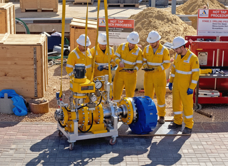 Five industrial technicians in yellow safety overalls and hard hats inspecting a hot tap drilling machine at a construction site.
