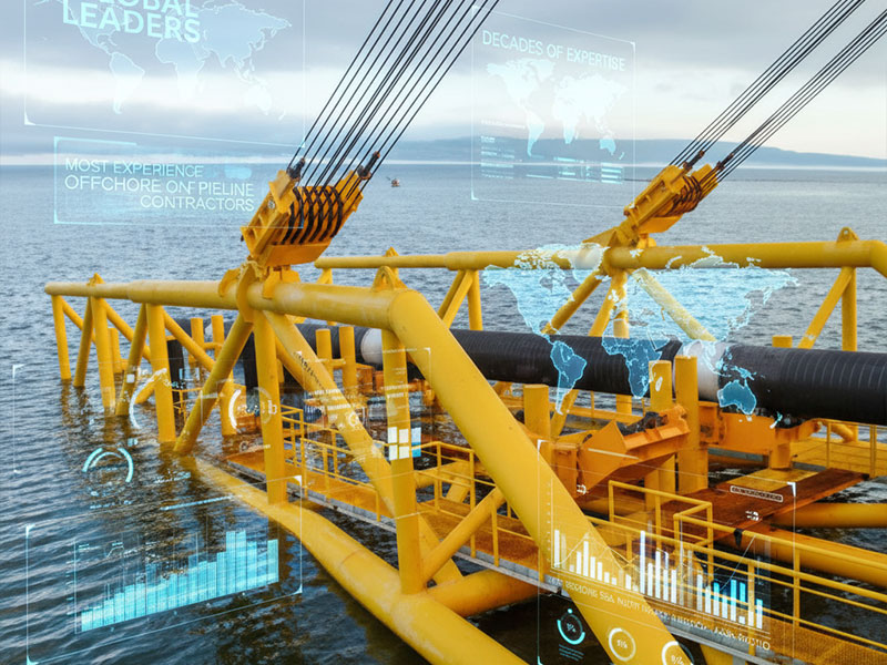 An industrial offshore pipeline installation scene featuring a large yellow support structure and digital data overlays highlighting global subsea engineering expertise and performance metrics.