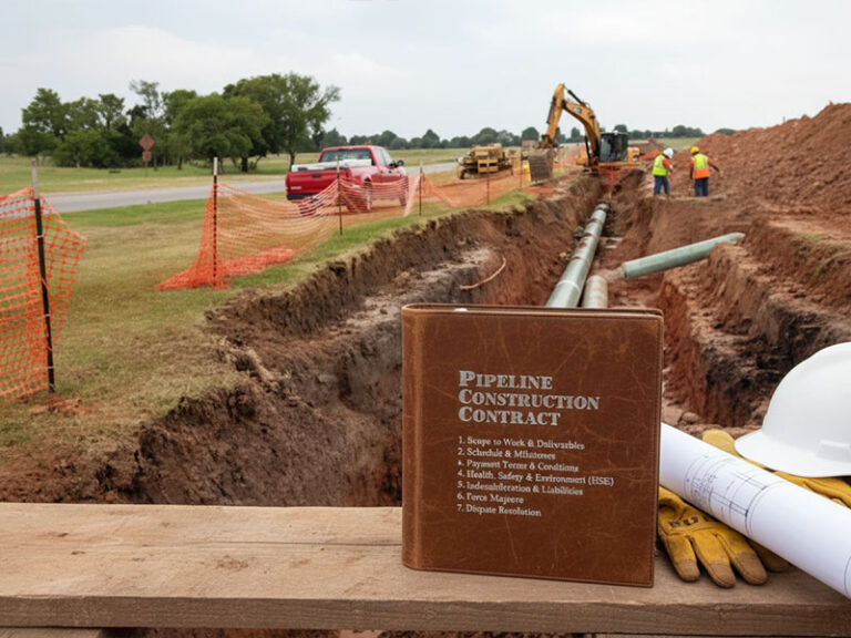 A leather-bound pipeline construction contract book, blueprints, and a hard hat in the foreground of an active construction site featuring a deep trench, pipes, and heavy machinery.