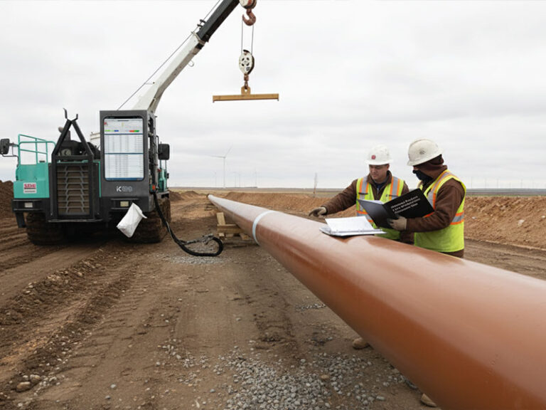 Two construction workers wearing hard hats and high-visibility vests reviewing project plans beside a large orange pipeline at a job site with heavy machinery.
