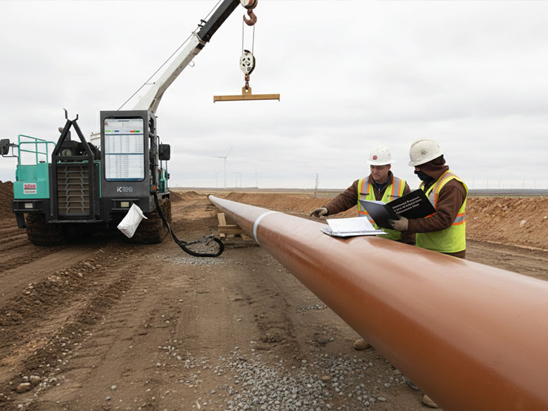 Deux ouvriers de la construction portant des casques de sécurité et des gilets de haute visibilité examinent les plans d'un projet à côté d'un grand pipeline orange sur un chantier où se trouvent des machines lourdes.