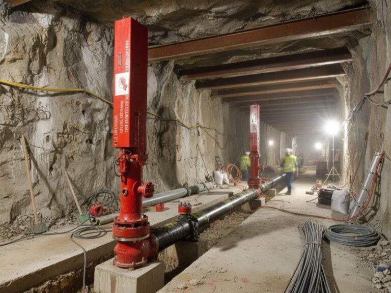 A large underground construction tunnel featuring prominent red industrial hot tapping on a black pipeline, with workers and construction lighting in the background.