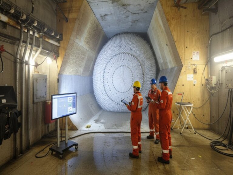 Three engineers in orange safety jumpsuits and hard hats use digital tablets and a monitor to inspect a massive white circular structure inside a tunnel.