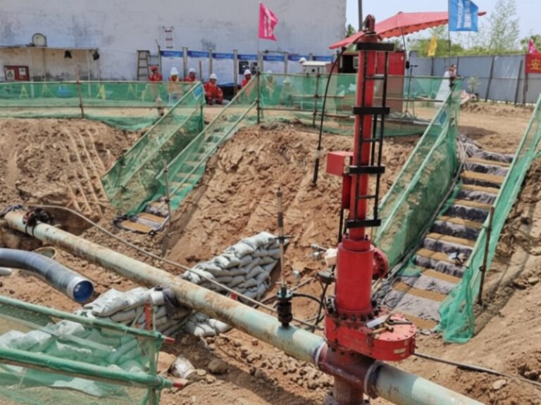A red industrial hot tapping machine mounted on a pipeline in an excavated trench, demonstrating a live pressure-tapping operation at a construction site.
