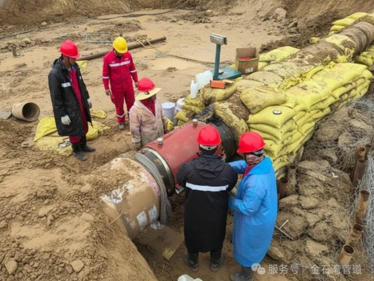 A team of professional technicians in safety gear performing a hot tapping procedure on a large-diameter industrial pipeline at a construction site.