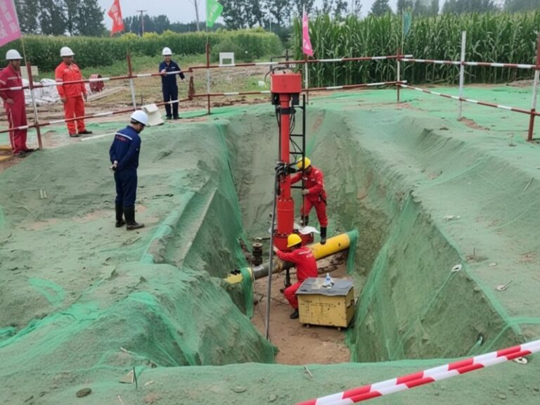 Specialized personnel operating a red hot tapping machine on a live pressurized pipeline within a stabilized trench for modification without system shutdown.