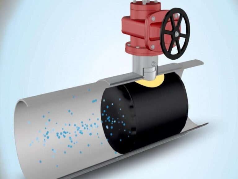 A 3D cutaway illustration of an industrial pipeline showing an inflatable black plug isolating a section of the pipe beneath a red manual valve to block the flow of blue fluid particles.
