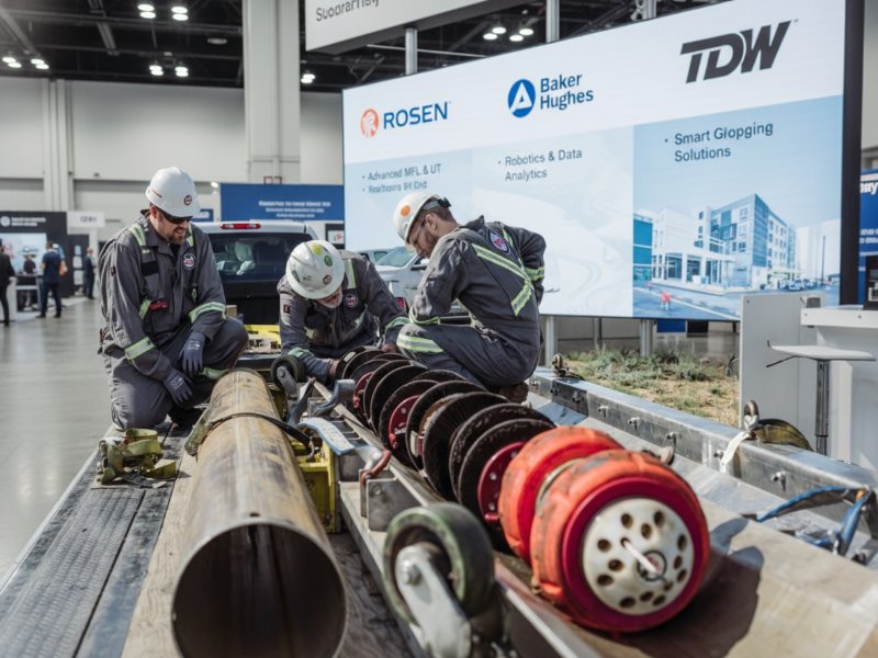 Trois techniciens en tenue de protection et casque examinent une jauge d'inspection de pipeline robotisée (PIG) lors d'un salon industriel présentant les marques Rosen, Baker Hughes et TDW.