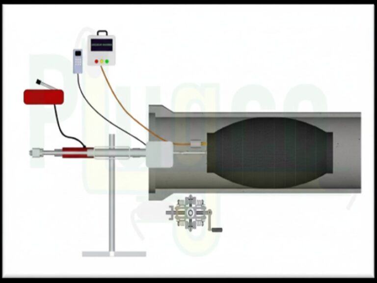 A technical diagram of an inflatable pipe packer system used for industrial pipe repair and pressure testing, showing the control unit, manual pump, and the packer inside a concrete pipe.