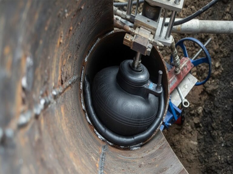 A heavy-duty black inflatable pipe plug being used to seal a large industrial metal pipeline during a maintenance and repair operation.
