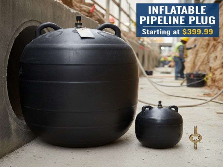 Large and small black inflatable pipeline plugs for sealing industrial sewer pipes at a construction site