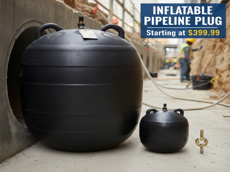 Large and small black inflatable pipeline plugs for sealing industrial sewer pipes at a construction site