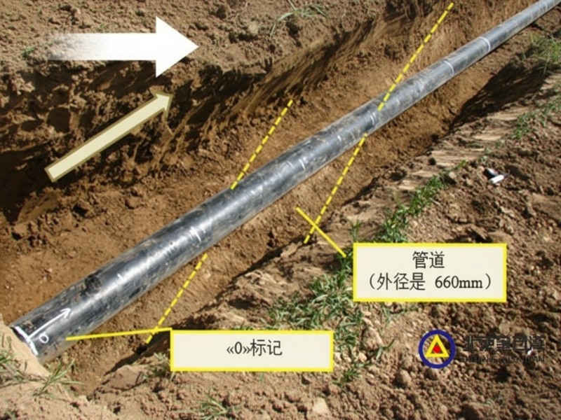 A 660mm diameter black pipeline lying in an excavated dirt trench for external inspection and anti-corrosion coating integrity evaluation to ensure pipeline safety.