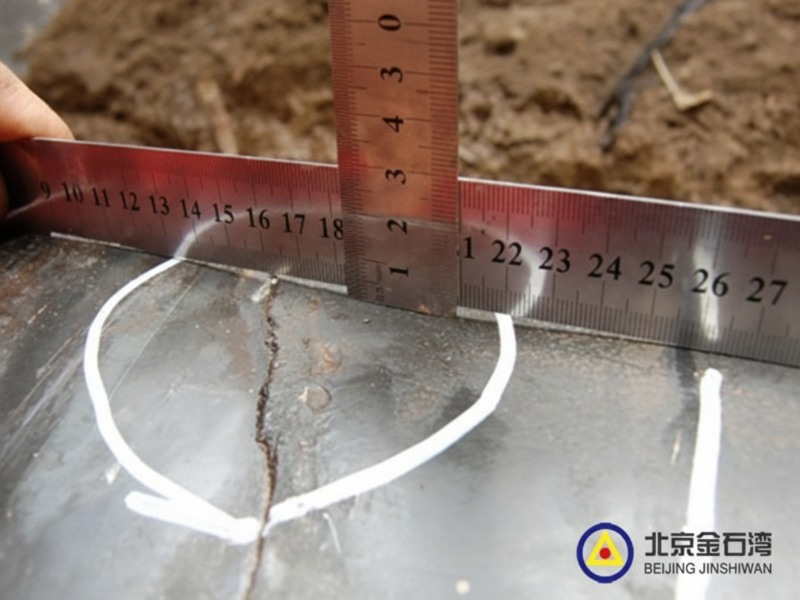 A close-up view of a metal ruler being used to measure a crack defect on the surface of a pipeline during an external integrity inspection.