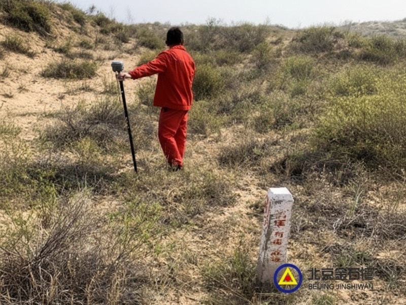 A technician in a red uniform performs a PMT non-contact magnetic stress inspection on a buried pipeline using a specialized scanning probe in a dry, brushy field.