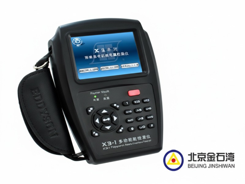 X3-I handheld multi-frequency eddy current detector by Beijing Jinshiwan, featuring a high-resolution display, numeric keypad, and an Eddyson-branded hand strap for non-destructive material testing.