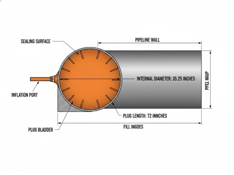 Техническая схема, на которой изображена надувная оранжевая заглушка для трубопровода, вставляемая в стенку трубопровода, с указанием размеров, включая внутренний диаметр 35,25 дюйма и длину заглушки 72 дюйма.