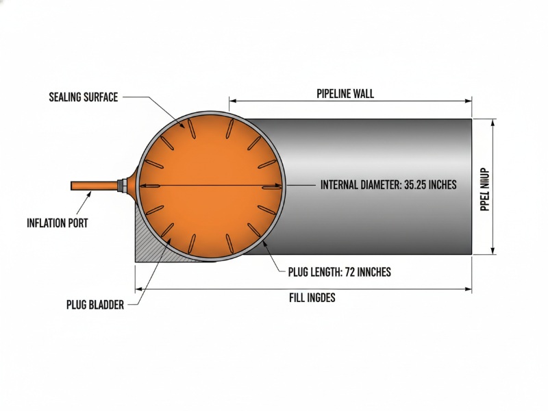 A technical diagram showing an inflatable orange pipeline plug bladder inserted into a pipeline wall, labeled with dimensions including a 35.25-inch internal diameter and a 72-inch plug length.