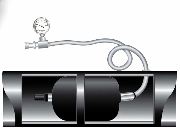 Иллюстрация надувной заглушки для труб среднего давления из нитрила, армированного баллистическим нейлоном, показанной внутри участка трубы с прикрепленным манометром и шлангом для надувания для временной промышленной изоляции.
