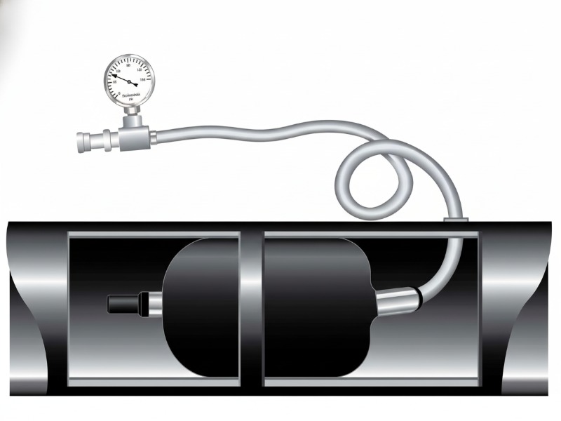 An illustration of a medium pressure inflatable pipe plug made of ballistic-nylon reinforced nitrile, shown inside a pipe section with an attached pressure gauge and inflation hose for temporary industrial isolation.