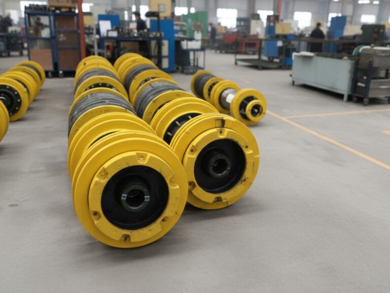 Heavy-duty yellow pipeline isolation line plugs for hot tap equipment arranged in rows on a factory floor in an industrial manufacturing facility.