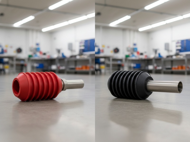 A side-by-side comparison of a red and a black industrial rubber bellows sleeve with stainless steel shafts, shown in a manufacturing workshop setting.