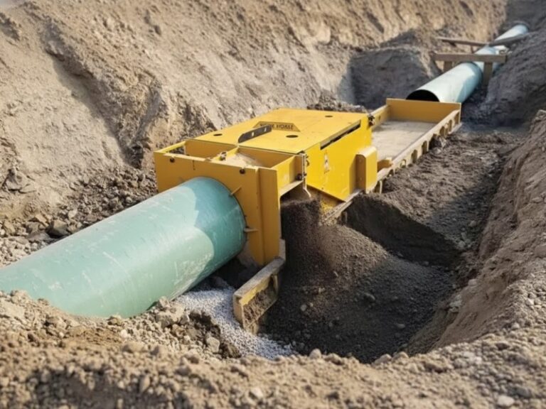A large yellow auger boring machine is used to install a green pipeline in a deep earthen trench for a major industrial project.