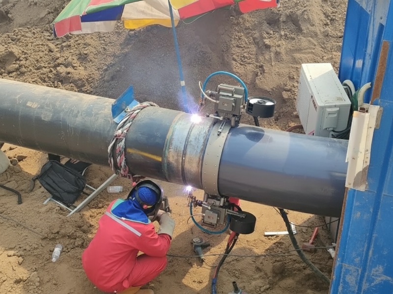 An automated orbital welding machine precisely joining sections of a large diameter industrial pipeline, monitored by a professional welder at a construction site.