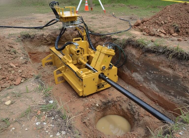 A compact yellow pit-launched horizontal directional drilling (HDD) machine operating in an excavated pit for underground utility and pipe installation.