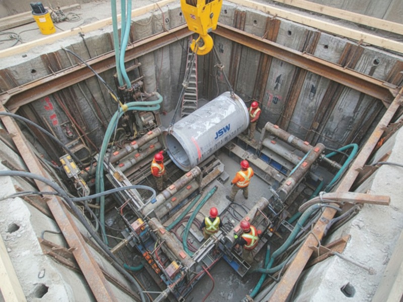 A team of construction workers in safety vests and hard hats positioning a large concrete JSW pipe within a deep, shored excavation site for infrastructure development