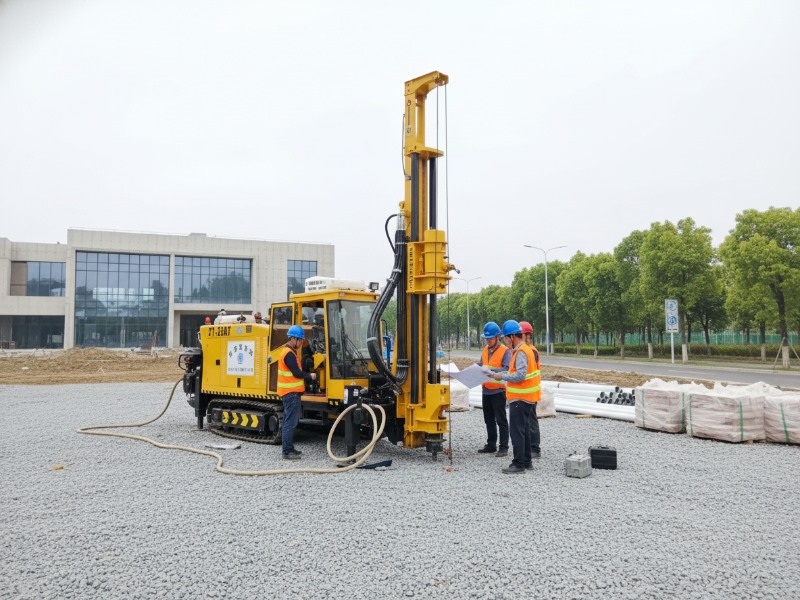 A yellow crawler-mounted hydraulic drilling rig being operated on a gravel construction site while workers in high-visibility vests and hard hats review blueprints.