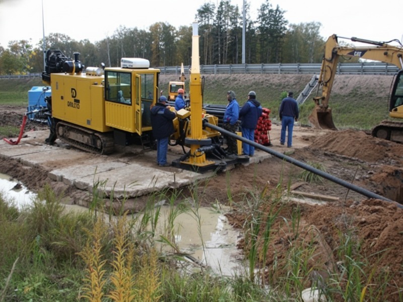Workers operating a yellow Dilito horizontal directional drilling (HDD) rig at a construction site to install underground pipes using trenchless technology.